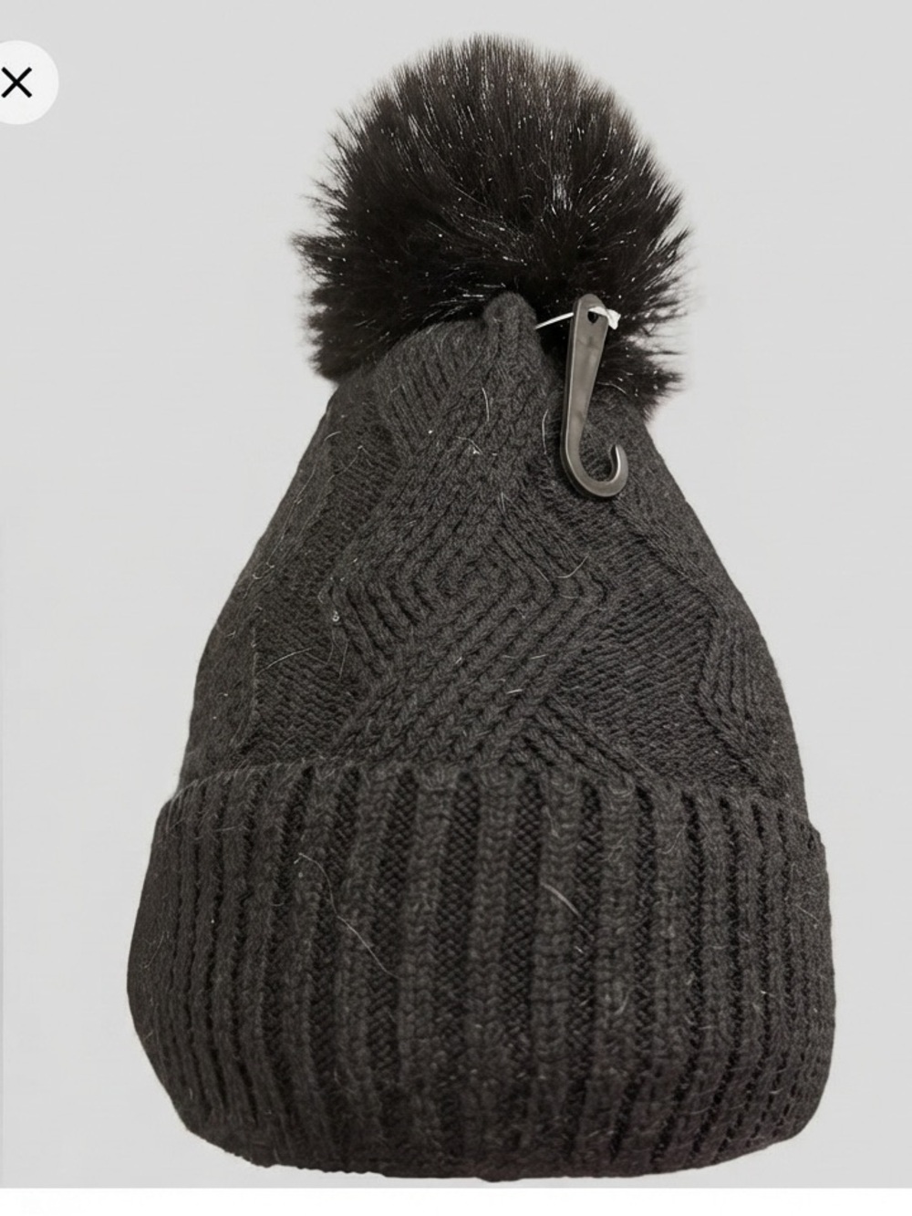 😍 CLEARANCE Black Patterned Winter Beanie Fur Lined Pom Pom Knit Cable Large